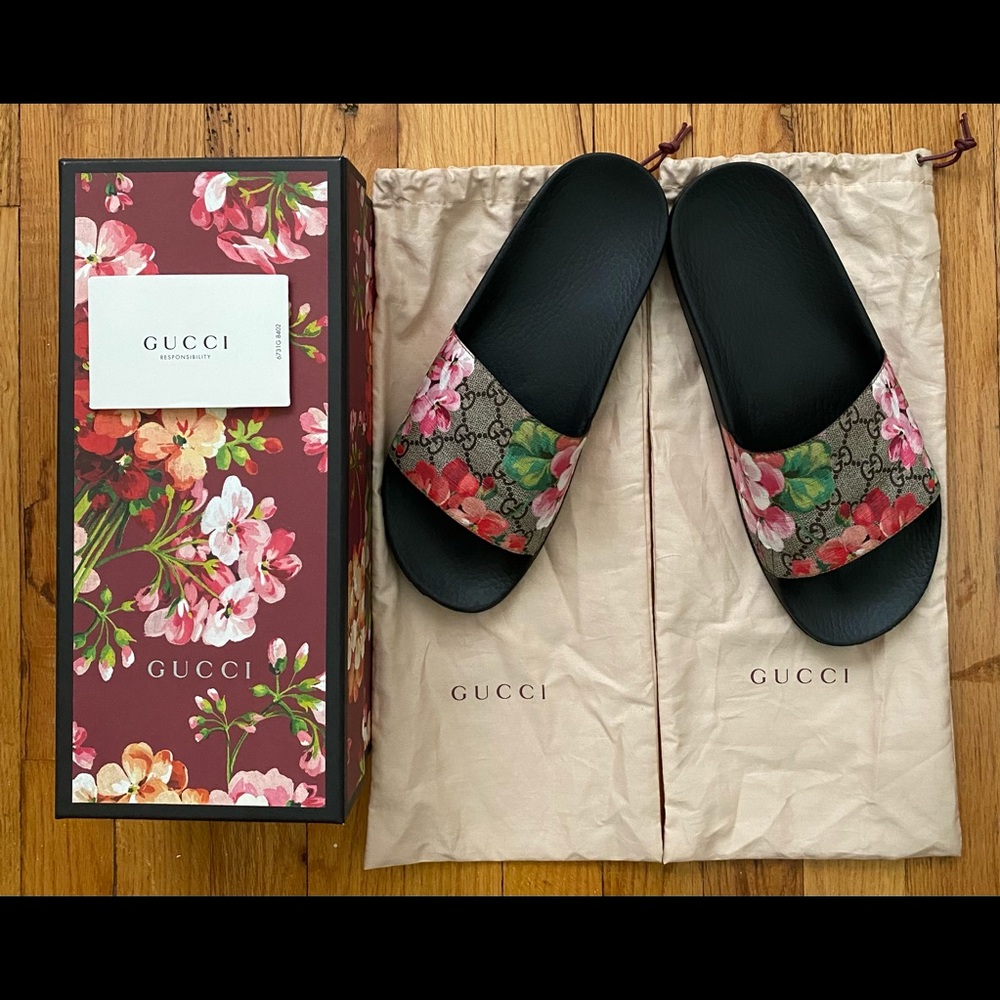floral/brown gucci slides